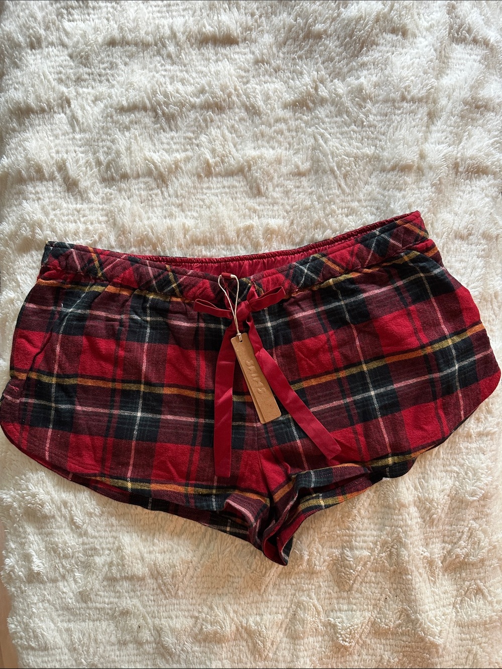SKIMS Brick Holiday Plaid Flannel Drawstring Shorts — NWT